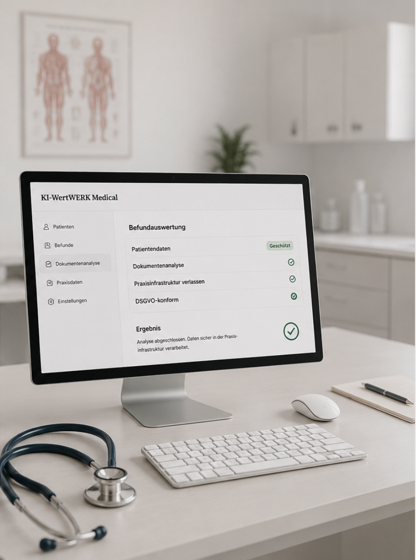 Arbeitsplatz einer Arztpraxis mit Monitor, der KI-WertWERK Health mit Befundauswertung zeigt, daneben Stethoskop und Tastatur