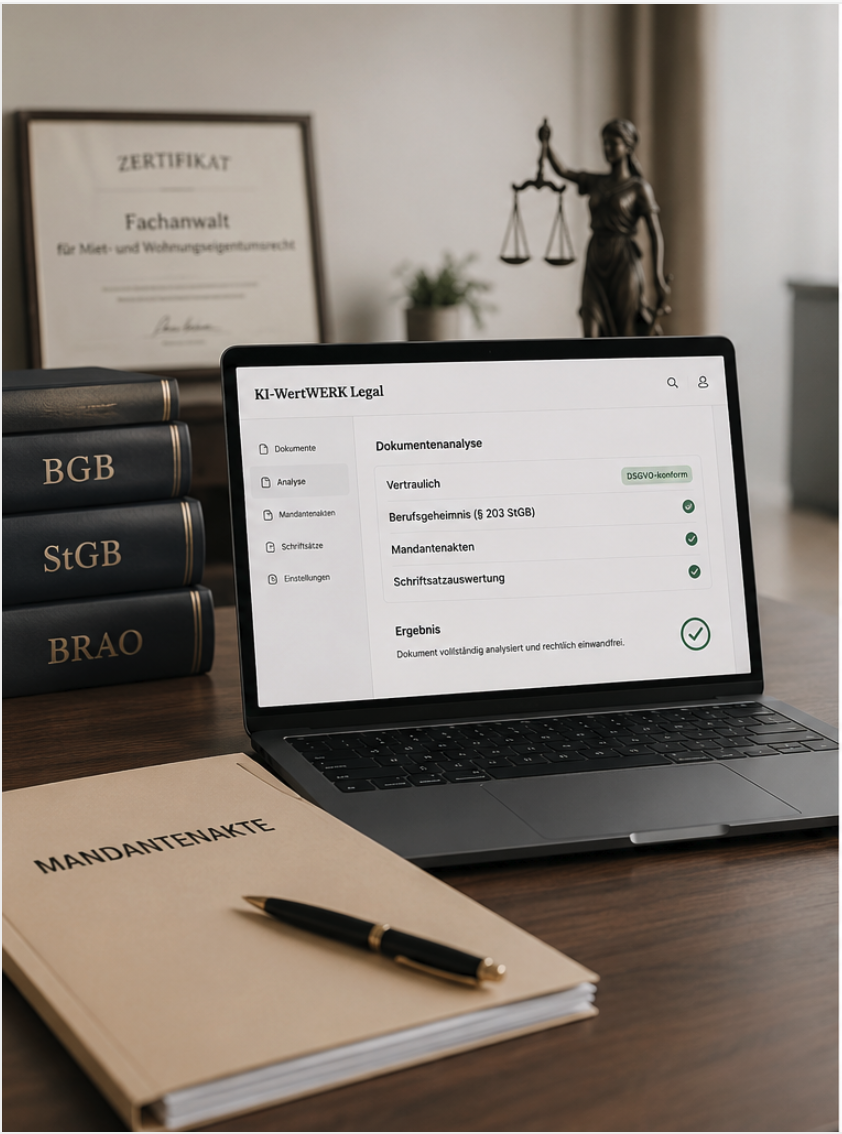 Arbeitsplatz einer Kanzlei mit Laptop, der KI-WertWERK Legal zeigt, daneben Mandantenakte und juristische Fachbücher