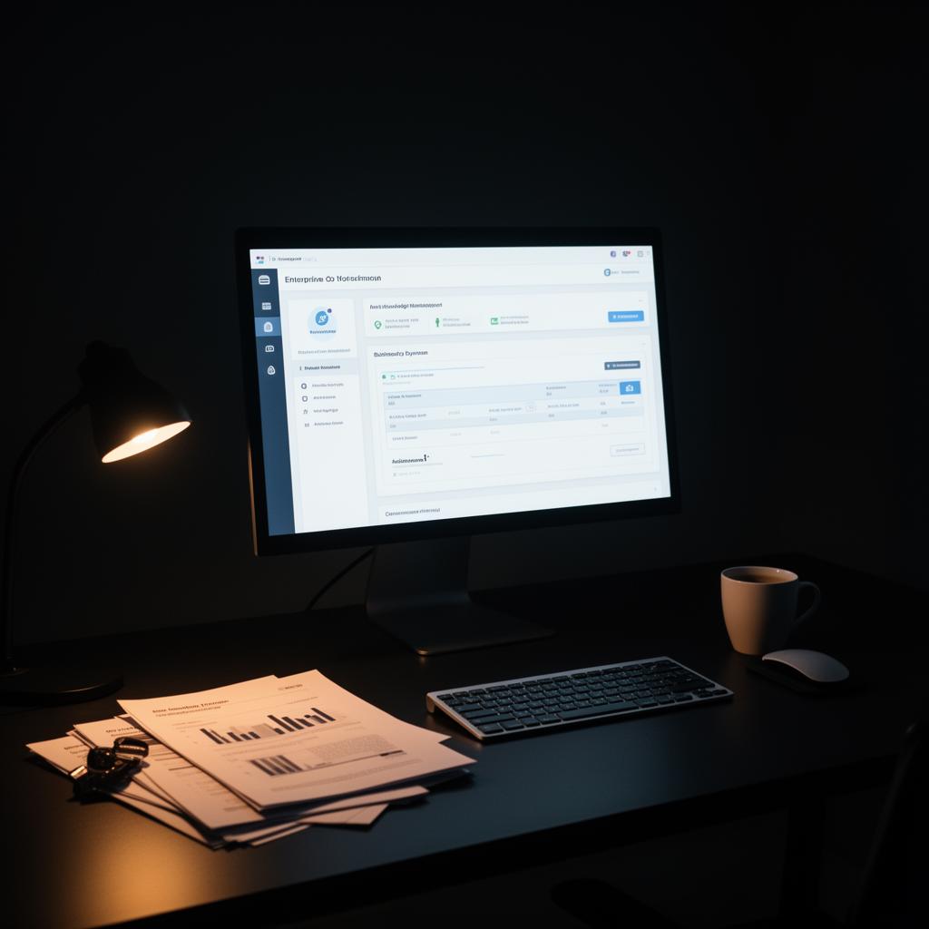 Moderner Büroarbeitsplatz mit Monitor, der KI-WertWERK Core mit Unternehmensdashboard zeigt, daneben Dokumente und Kaffeetasse